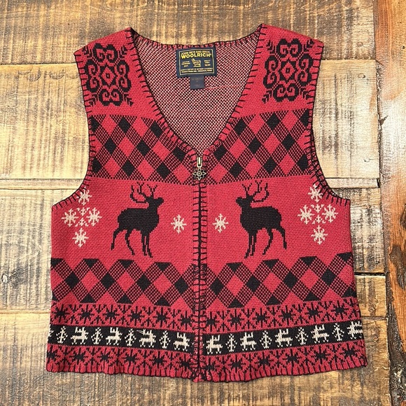 Vintage Woolrich Christmas Deer Buffalo Check Snowflake Red Black Zip Up Vest M - Picture 9 of 9